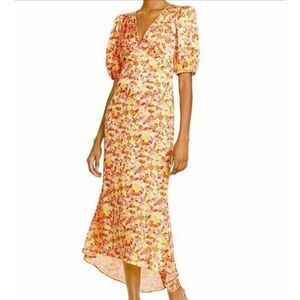 LINI Women's Dress Amalia V-Neck Pleated Puff Sleeve Floral Bohemian Large